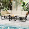 Beige 6-piece outdoor sectional sofa set with metal frame and acacia wood accents, ideal for poolside relaxation.