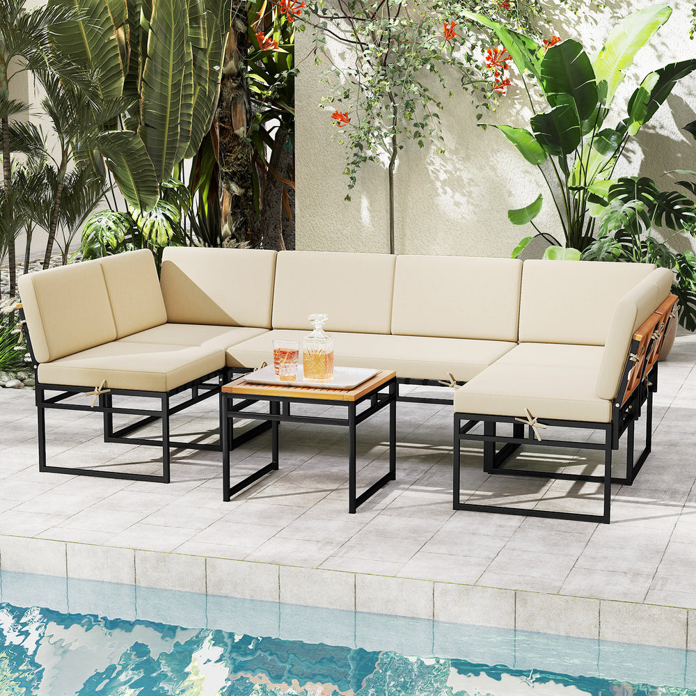 Beige 6-piece outdoor sectional sofa set with metal frame and acacia wood accents, ideal for poolside relaxation.