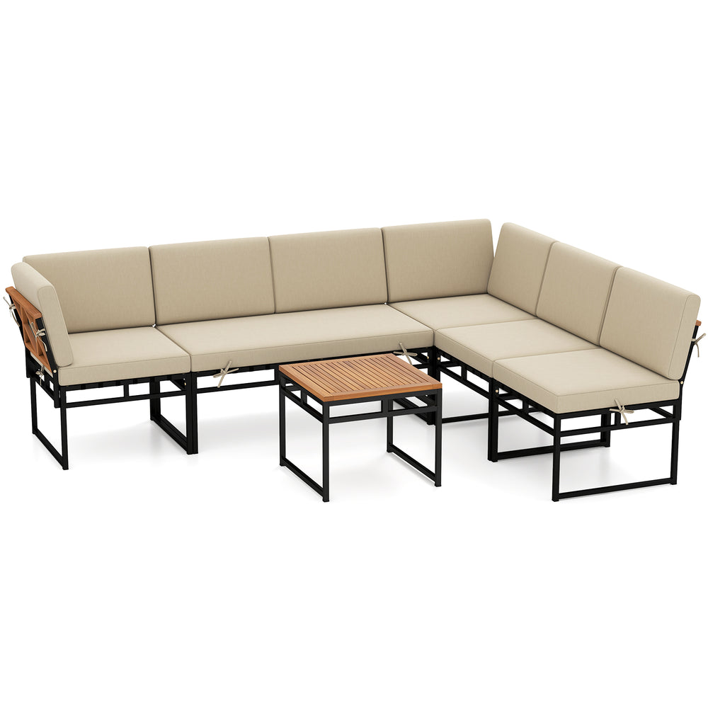 6-piece outdoor sectional sofa set with beige cushions, metal frame, and acacia wood accents for backyard relaxation.