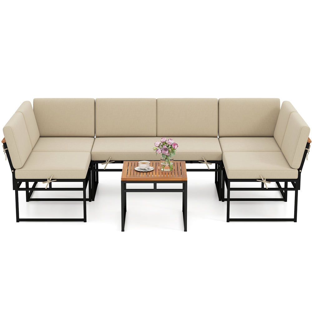 6-piece outdoor sectional sofa set with beige cushions, metal frame, and acacia wood table, ideal for backyard.