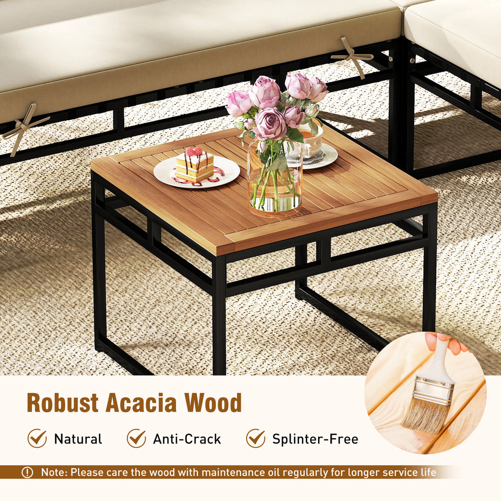 Acacia wood tabletop with metal frame, showcasing natural elegance for outdoor sectional sofa set in beige.