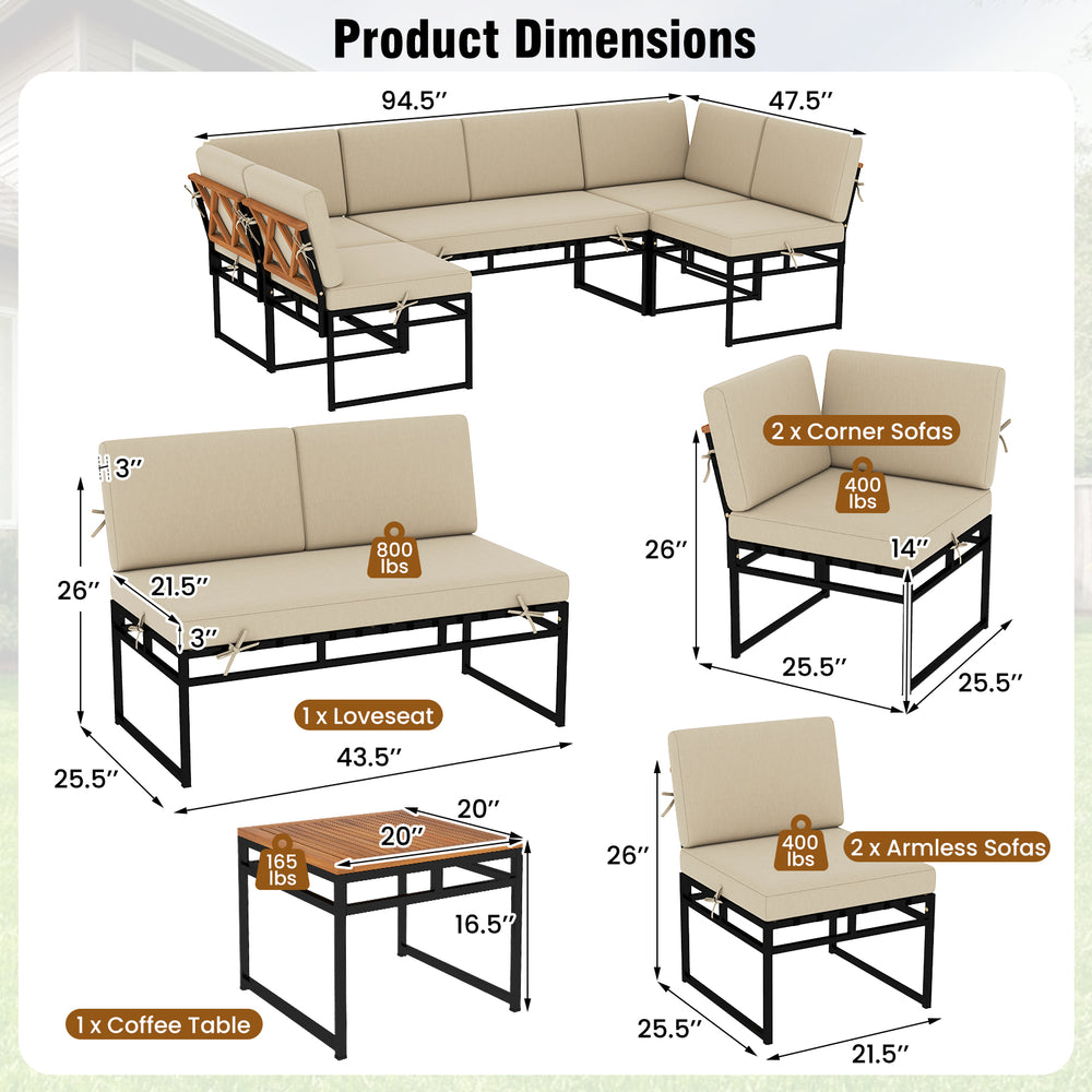 Dimensions of the 6-piece outdoor sectional sofa set, featuring a metal frame and beige cushions for versatile outdoor.