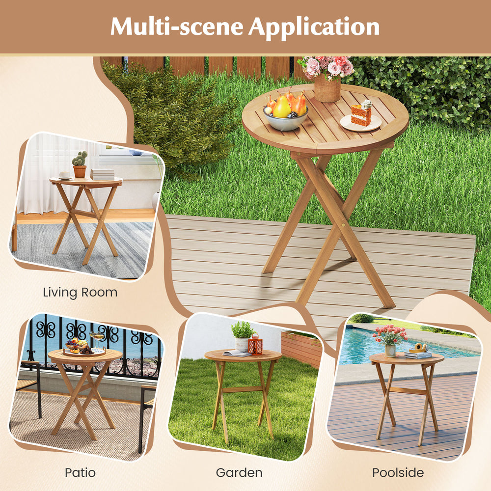 Outdoor side table with slatted tabletop and X-shaped structure, made of acacia wood, ideal for patio and garden use.