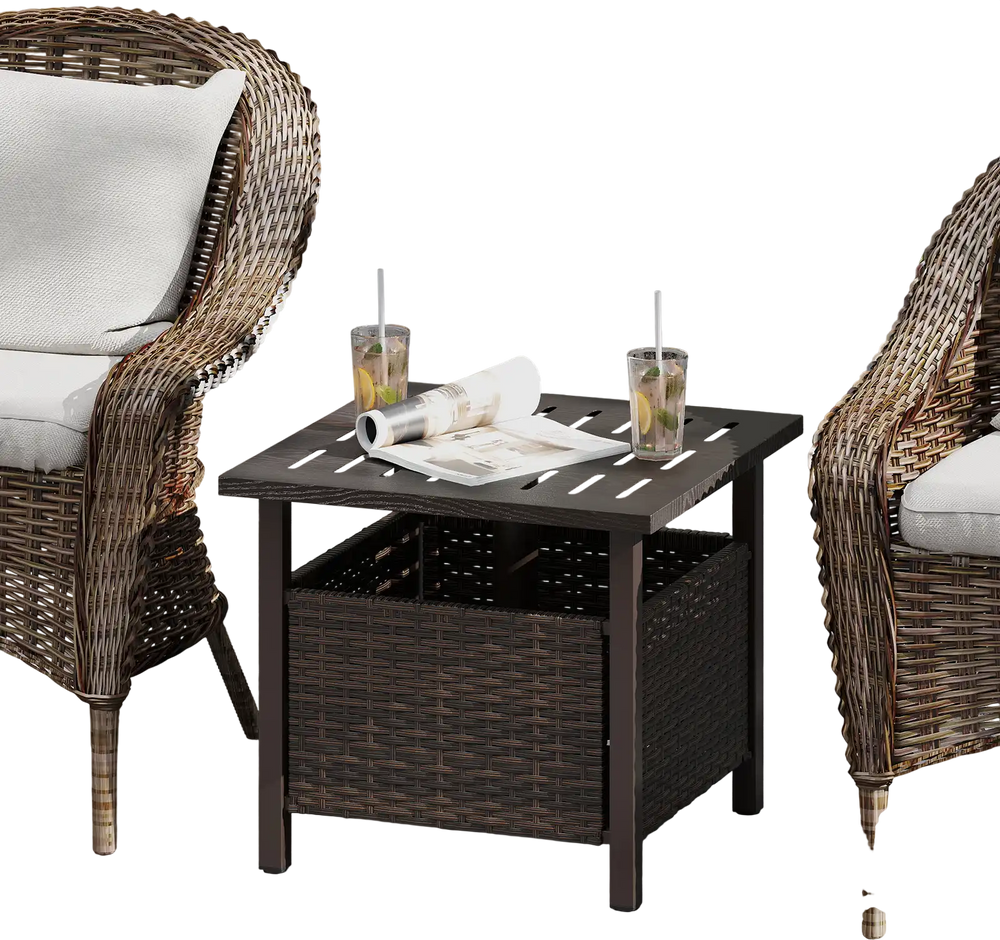 Square outdoor side table with brown PE wicker, umbrella hole, and sturdy design for patio or garden use.