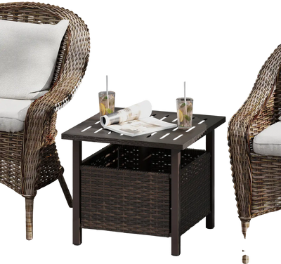 Costway Outdoor Patio Side Table PE Wicker Umbrella Hole Brown 986154327 New