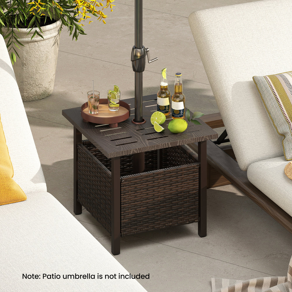 Brown outdoor side table with umbrella hole and weather-resistant PE wicker, perfect for enhancing your patio or.