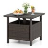 Brown outdoor side table with hand-woven PE rattan, umbrella hole, and sturdy structure for patio or garden use.