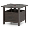 Square outdoor side table with brown PE wicker, umbrella hole, and rustproof structure for patio or garden use.