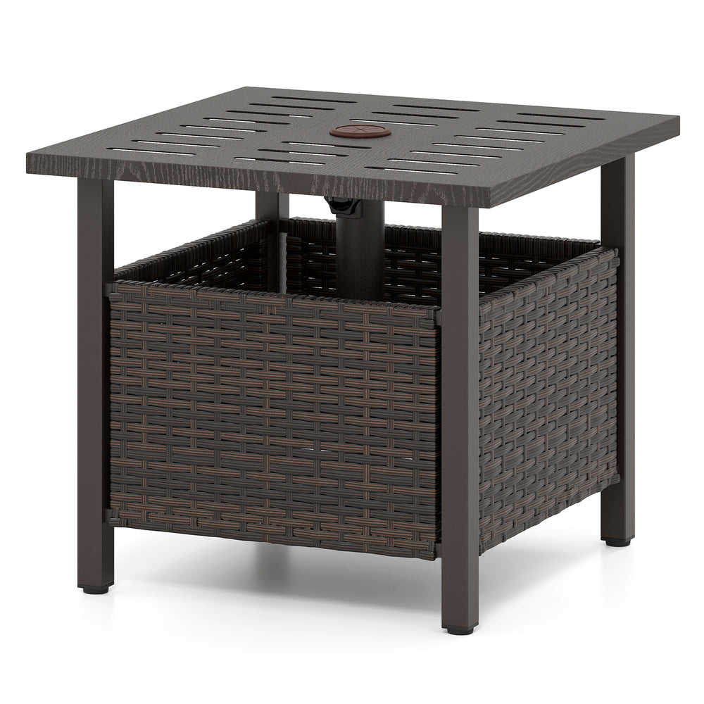 Square outdoor side table with brown PE wicker, umbrella hole, and rustproof structure for patio or garden use.