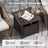 Square outdoor side table in brown with wood-like surface, made of PE wicker and zinc-iron alloy, ideal for patio use.