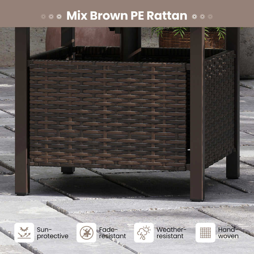 Hand-woven mix brown PE rattan outdoor side table with umbrella hole, weather-resistant for patio or garden use.