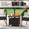 Brown outdoor side table made of weather-resistant PE wicker with a built-in umbrella hole, ideal for patio use.