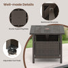 Close-up of the brown outdoor side table with PE wicker, featuring a reinforced structure and adjustable foot pads for.