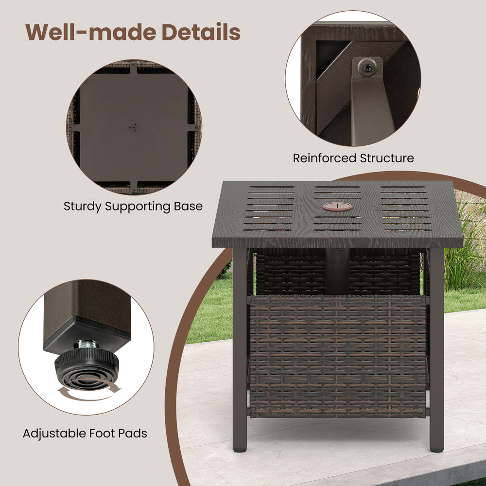 Close-up of the brown outdoor side table with PE wicker, featuring a reinforced structure and adjustable foot pads for.