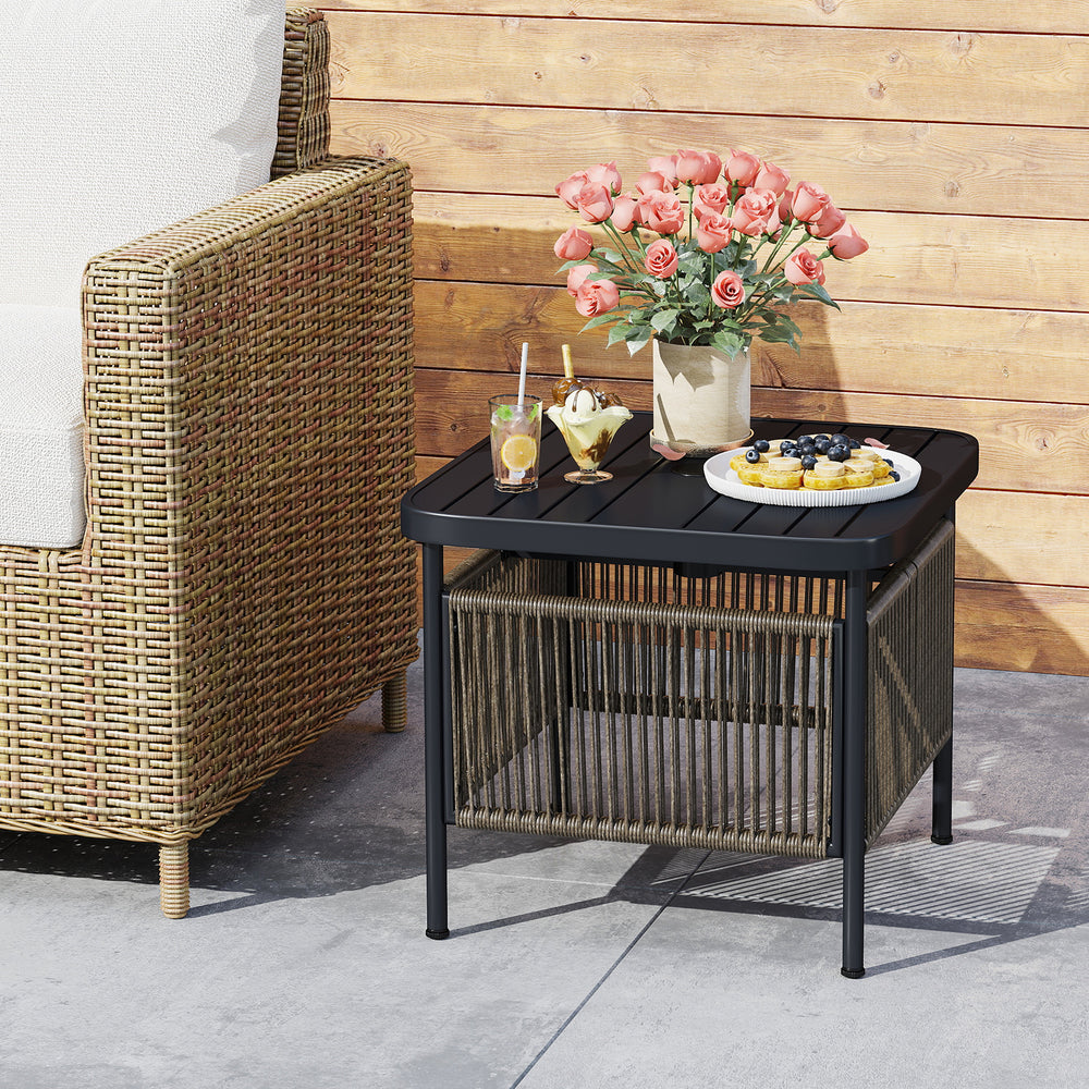 Outdoor side table with umbrella hole and storage shelf, featuring a rustic wood-like surface for patio or garden use.