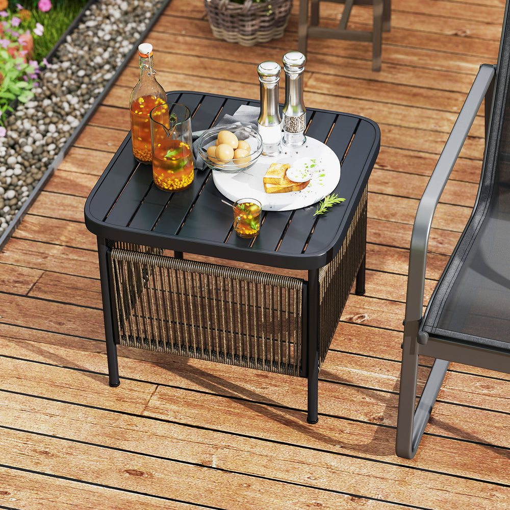 Outdoor side table with metal slats and wood-like surface, featuring umbrella hole and 2-tier storage shelf for patio.