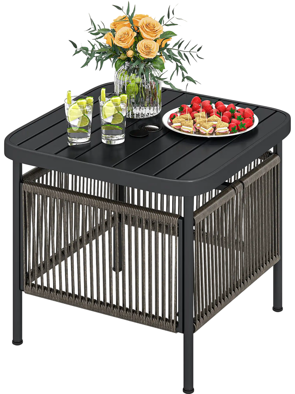 Outdoor Side Table with Umbrella Hole and Storage Shelf