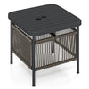 Square outdoor side table with umbrella hole, sturdy metal construction, and 2-tier storage shelf for patio use.