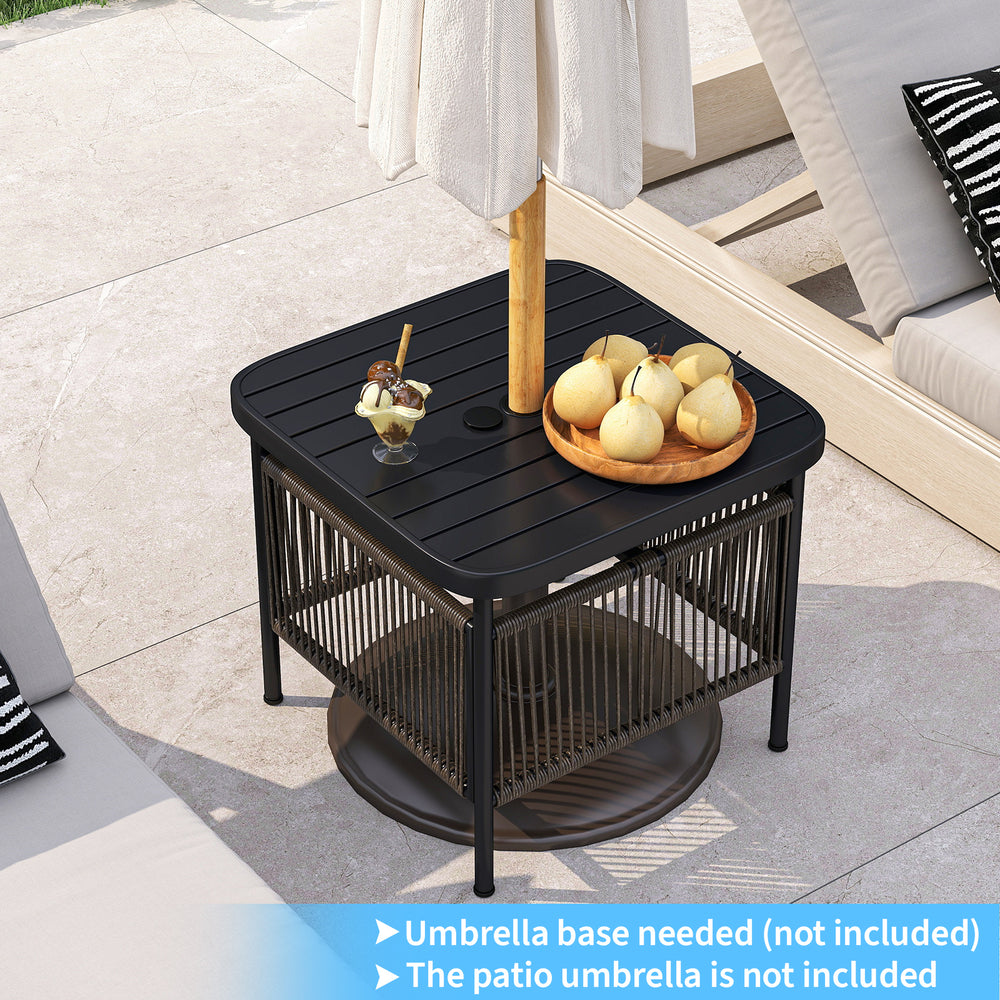 Outdoor side table featuring a wood-like surface, umbrella hole, and storage shelf, perfect for patio or garden use.
