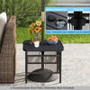 Outdoor side table with a built-in umbrella hole, sturdy metal construction, and 2-tier storage shelf for patio use.