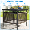 Outdoor side table in mix gray PE rattan with umbrella hole and storage shelf, perfect for patio or garden use.