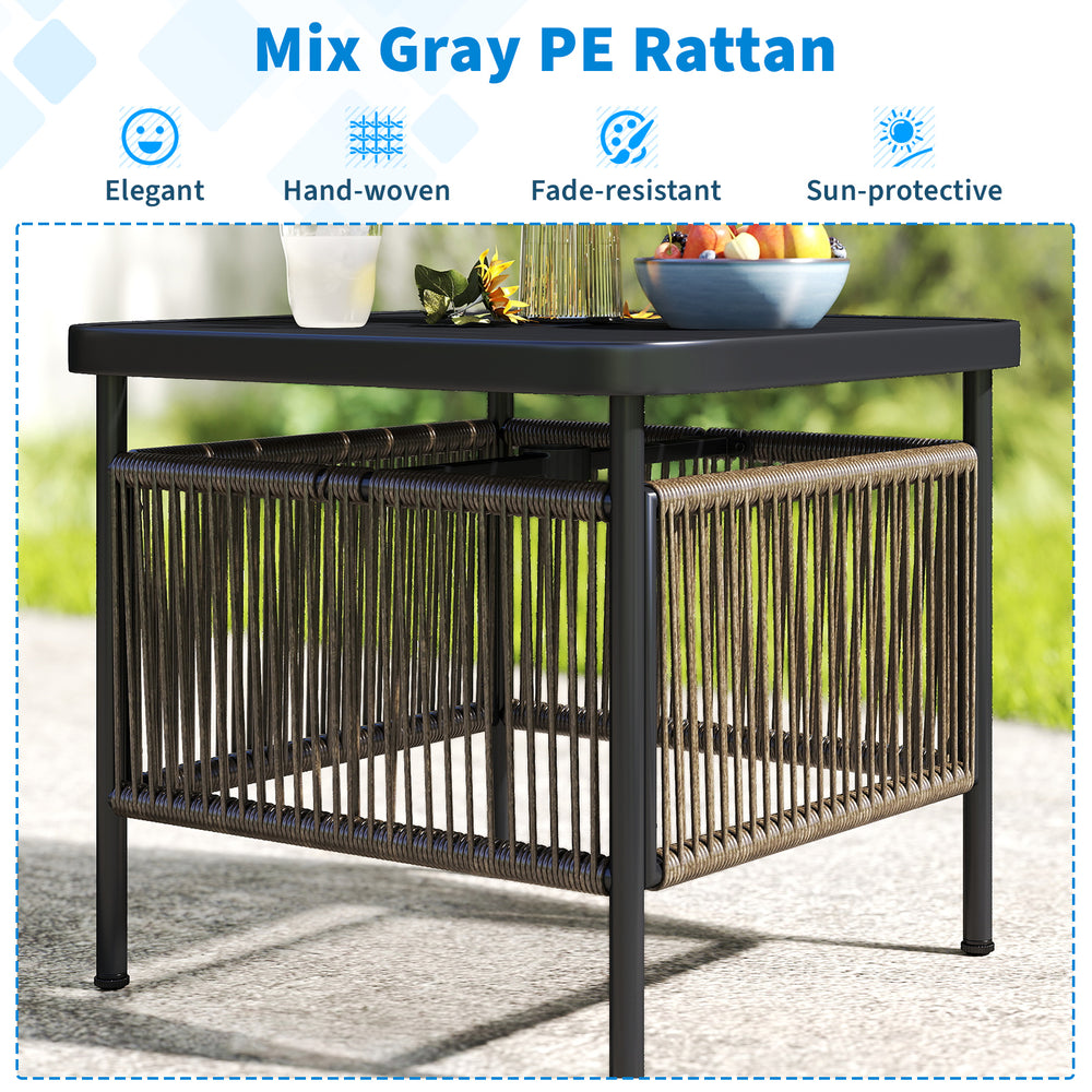 Outdoor side table in mix gray PE rattan with umbrella hole and storage shelf, perfect for patio or garden use.