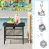 Outdoor side table with umbrella hole and storage shelf, featuring sturdy metal construction for patio or garden use.