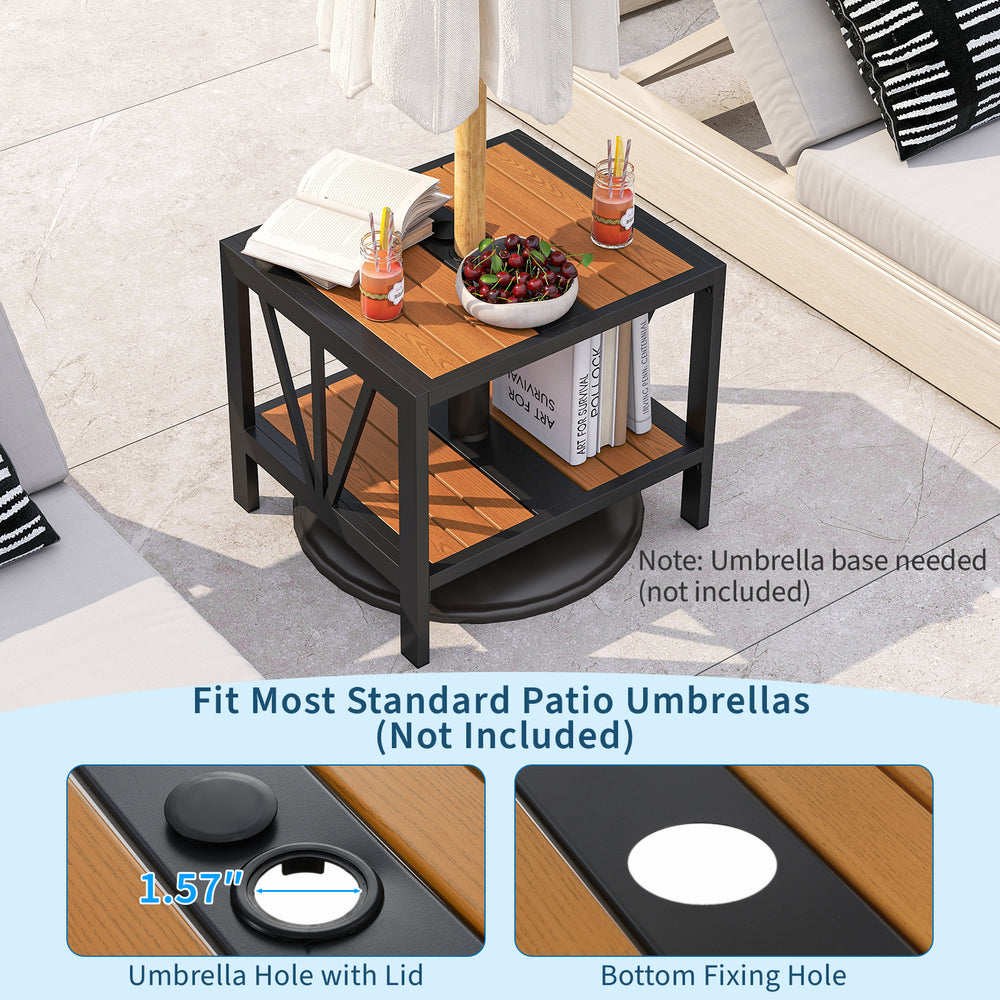 Outdoor side table with umbrella hole and storage shelf, featuring a rustic wood-like surface for porch or patio use.