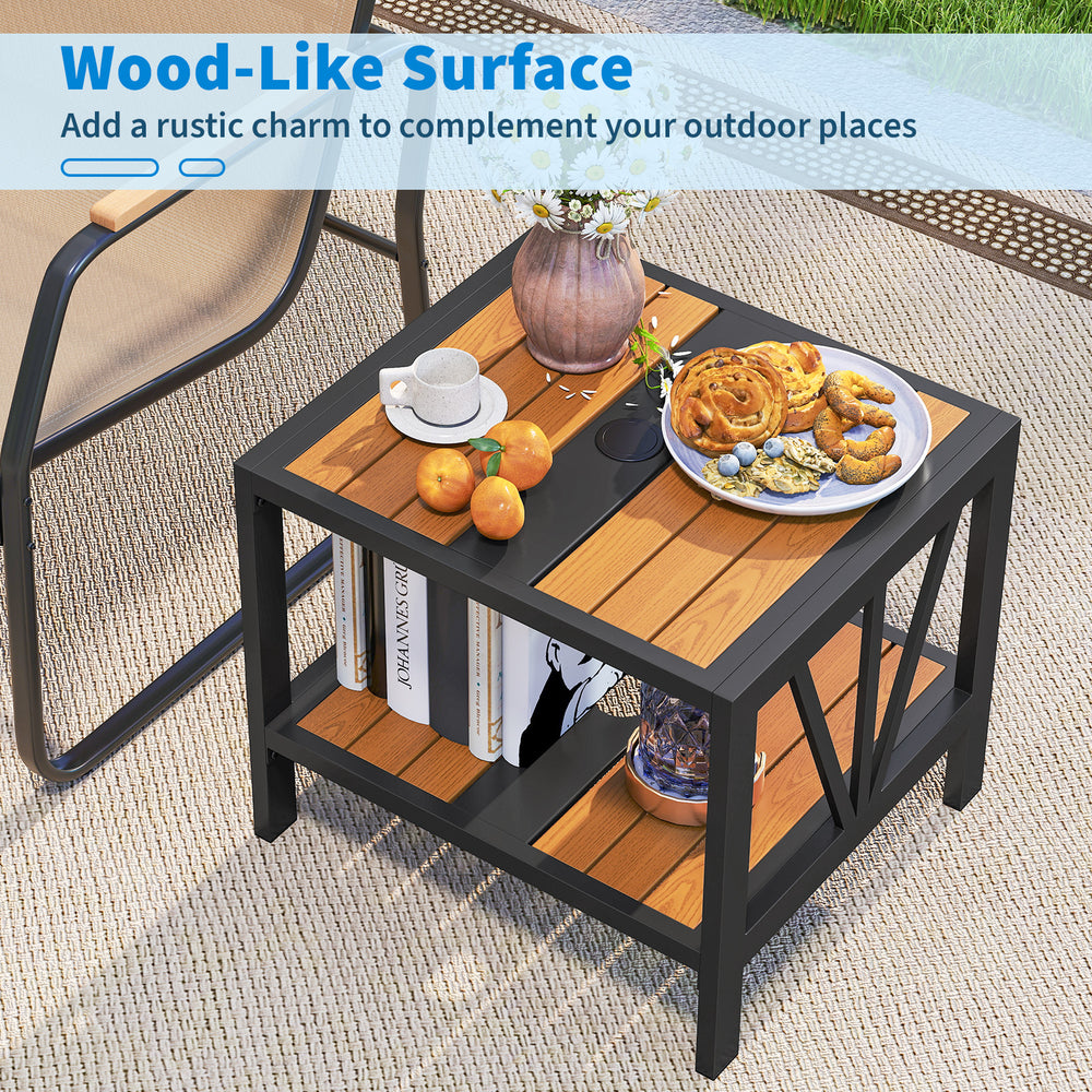 Outdoor side table with a wood-like surface, umbrella hole, and storage shelf, perfect for patio or porch use.