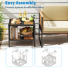 Outdoor side table with umbrella hole and storage shelf, featuring a wood-like surface and sturdy metal construction.