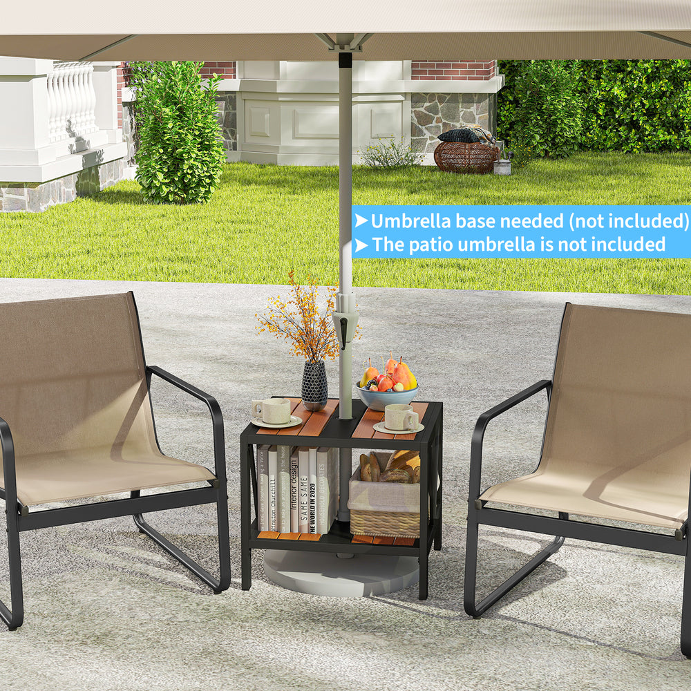 Outdoor side table with umbrella hole and storage shelf, featuring sturdy metal construction for porch or patio use.