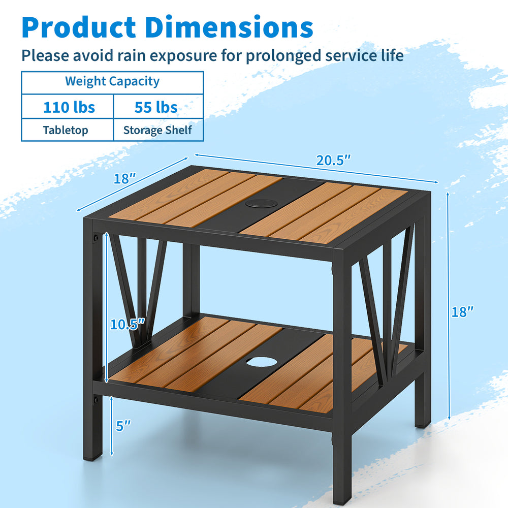 Outdoor side table with wood-like surface, umbrella hole, and storage shelf, perfect for porch or patio use.