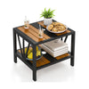 Outdoor side table with a wood-like surface, metal construction, and storage shelf, perfect for porch or patio use.