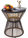 Outdoor side table with tempered glass top and LED warm light, featuring a black PE rattan design for patio or garden.