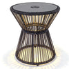 Outdoor side table with a black PE rattan design, tempered glass top, and LED warm light for patio or garden use.