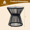 Black outdoor side table with tempered glass top, LED warm light, and PE rattan, perfect for patio or garden use.
