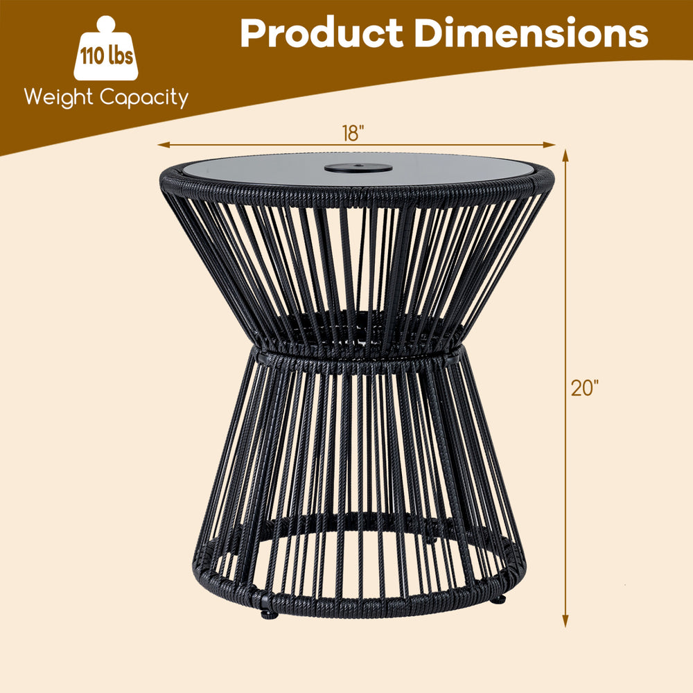 Black outdoor side table with tempered glass top, LED warm light, and PE rattan, perfect for patio or garden use.