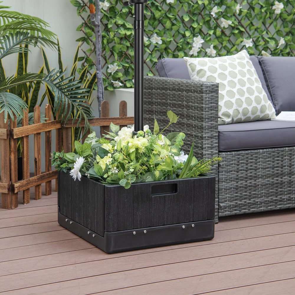 Fillable black umbrella base with planter box, featuring a table tray and adjustable knob for stability, ideal for.