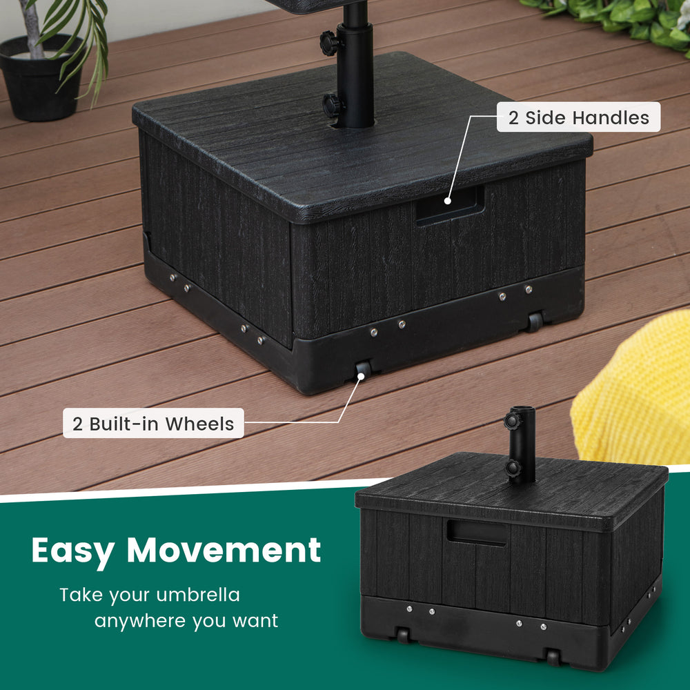 Black 175 LBS outdoor fillable umbrella base with wheels and handles, designed for easy movement and stability.