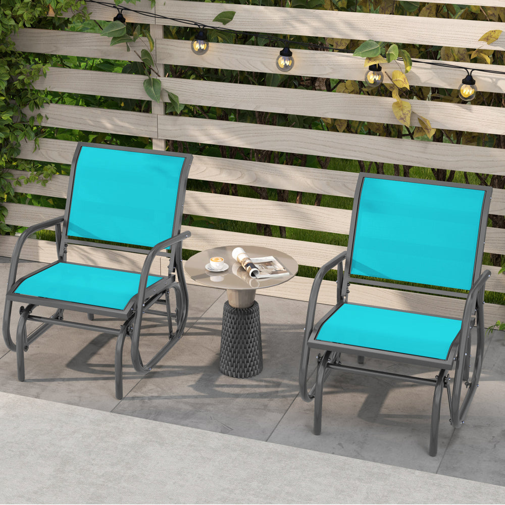 Turquoise outdoor single swing glider rocking chair with armrests, perfect for relaxing on the patio or poolside.