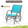 Outdoor single swing glider rocking chair in turquoise with armrests, featuring a sturdy steel frame and dimensions for.