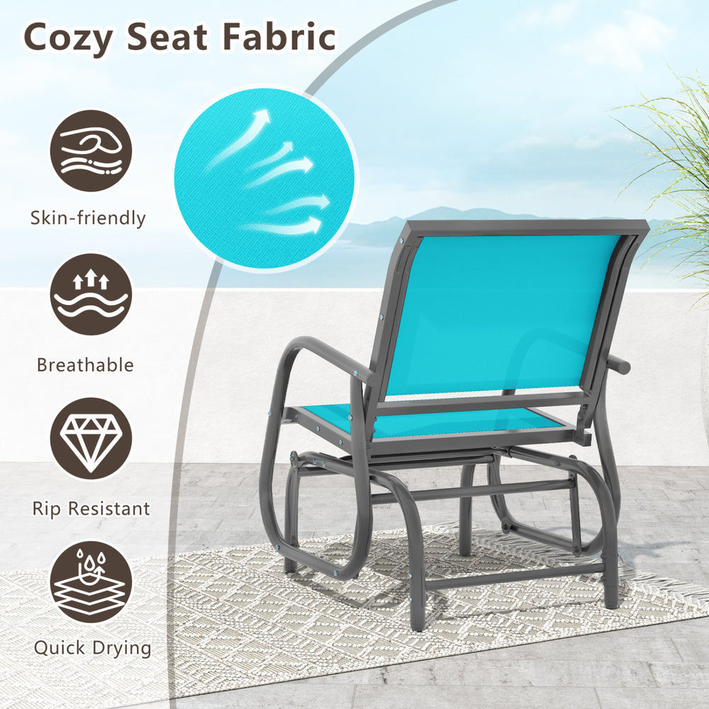 Turquoise outdoor single swing glider rocking chair with armrests, featuring a breathable, rip-resistant fabric for.