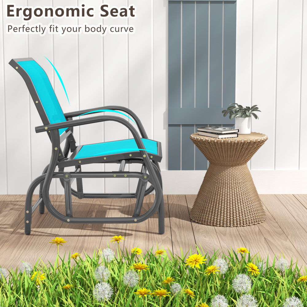 Outdoor single swing glider rocking chair in turquoise with armrest, perfect for relaxing on the patio or garden.