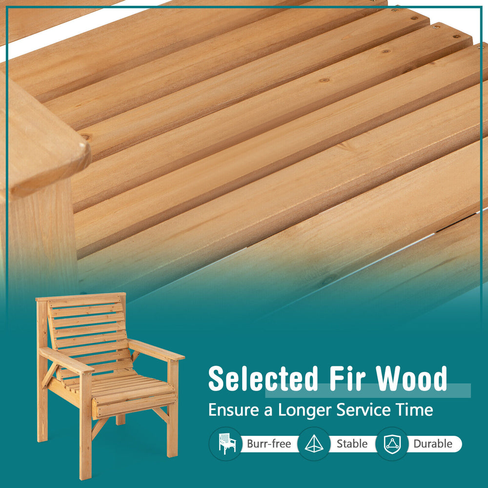 Outdoor solid fir wood chair with inclined backrest, featuring a burr-free surface and sturdy triangular structure for.
