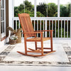 Solid wood outdoor rocking chair with high backrest and slatted seat, perfect for relaxing on the porch or patio.
