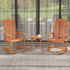 Two outdoor rocking chairs made of solid wood with a slatted seat, perfect for patio relaxation and comfort.