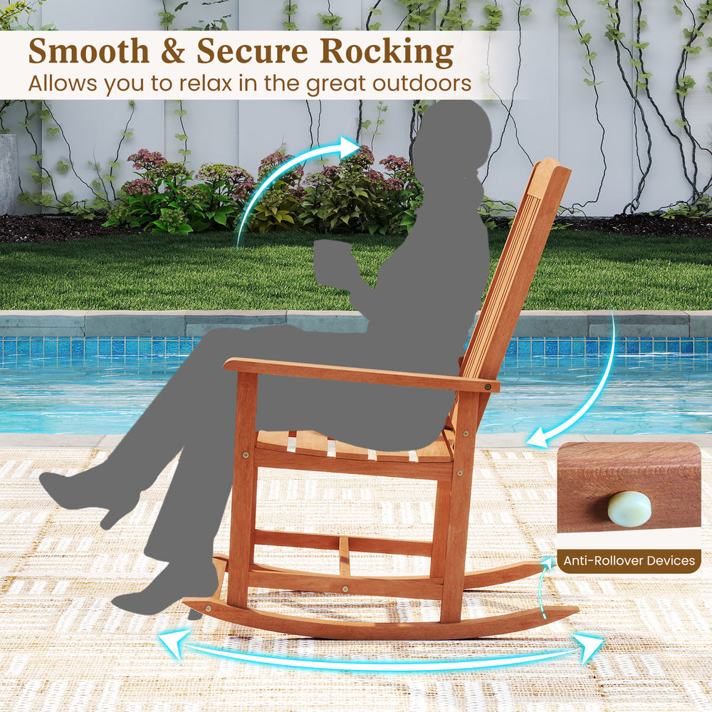 Solid wood outdoor rocking chair with high backrest, slatted seat, and anti-rollover devices for secure relaxation.