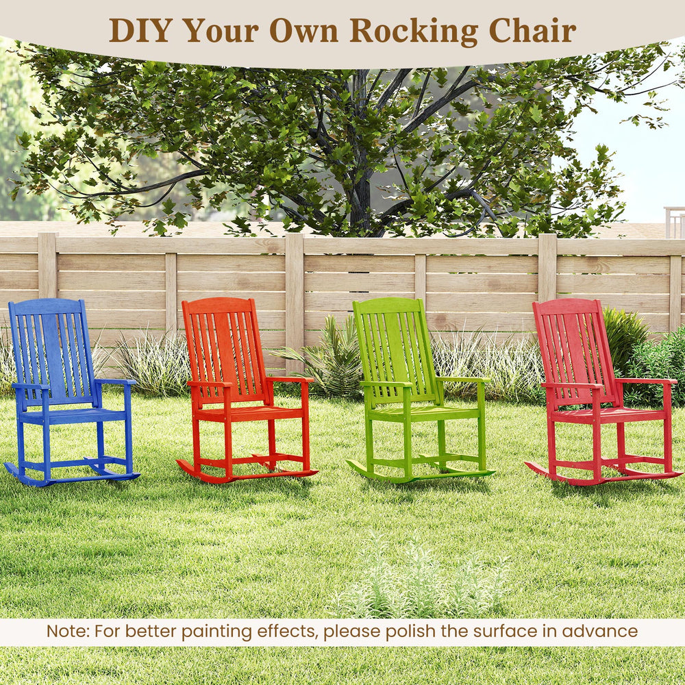 Colorful DIY outdoor rocking chairs in solid wood, featuring high backrest and slatted seat, perfect for patio.