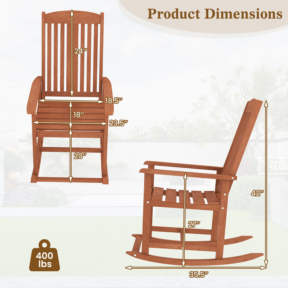 Outdoor rocking chair dimensions showing solid wood construction, high backrest, and slatted seat for patio relaxation.