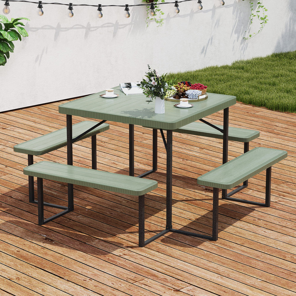 Outdoor Square Picnic Table Bench Set for 4-8 People with Umbrella Hole-Green - Gallery View 1 of 11